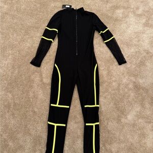 Fashion Nova Women’s Black and Neon Green Footie with mesh on both arms and legs